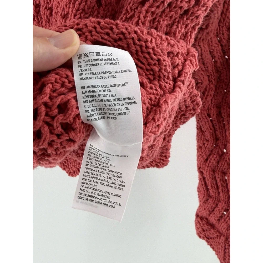 American Eagle Sweater Women XS Red Cropped Pointelle V-Neck Scalloped Hem